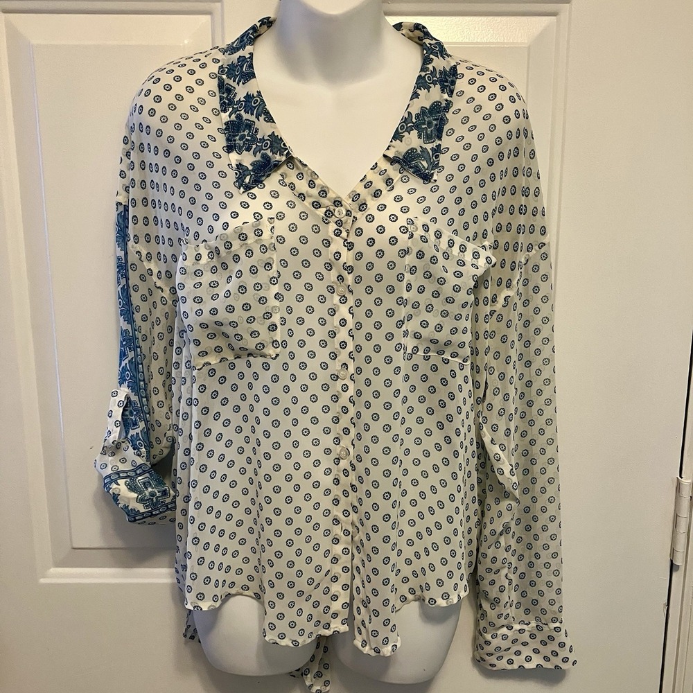 Free People Sz Small Boho Print Ivory Blue Long Sleeve Sheer Button Up Shirt Top